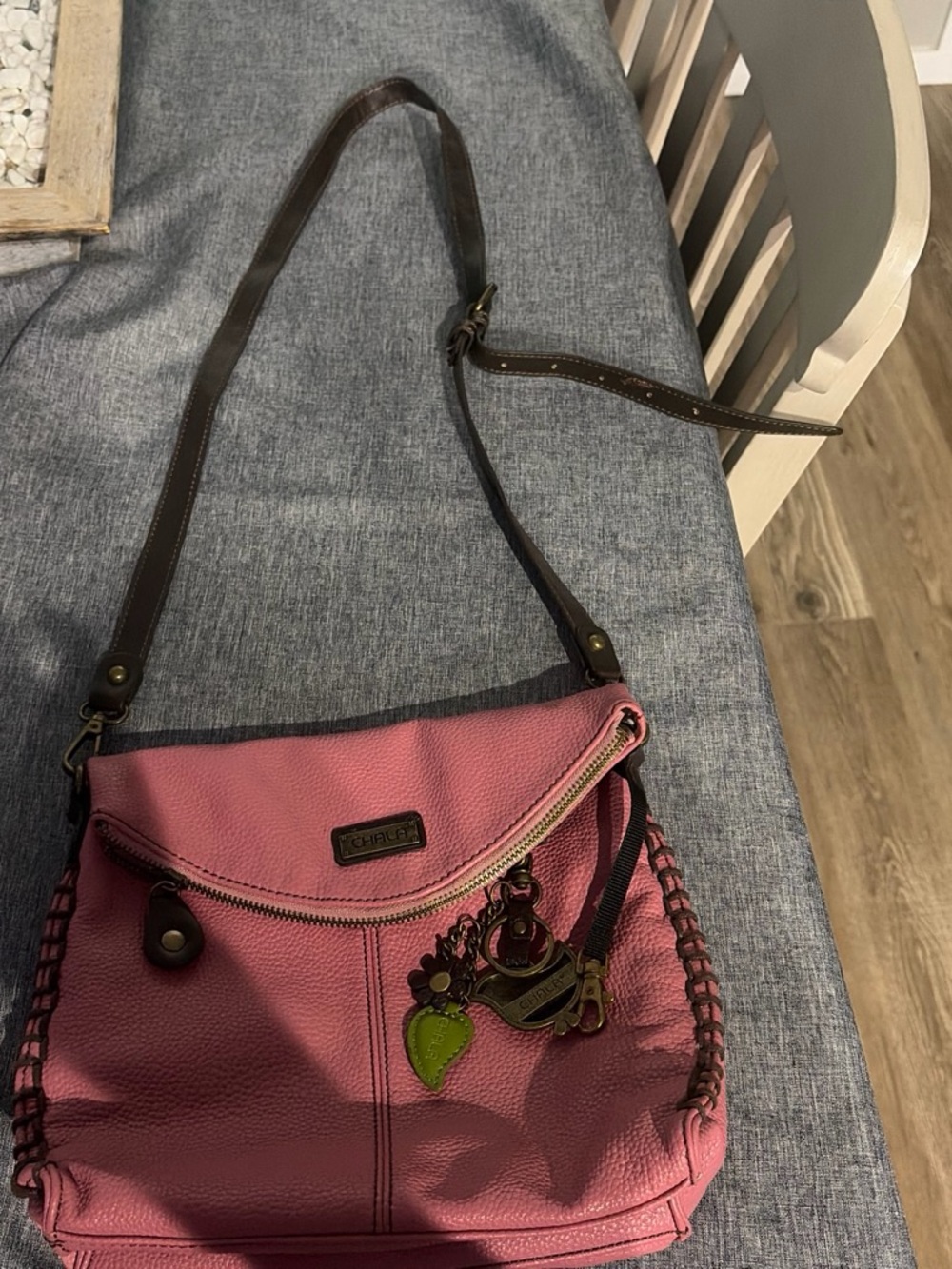 Chala Pink Pebbled Leather Shoulder Bag with Charm Accents - Picture 2 of 7